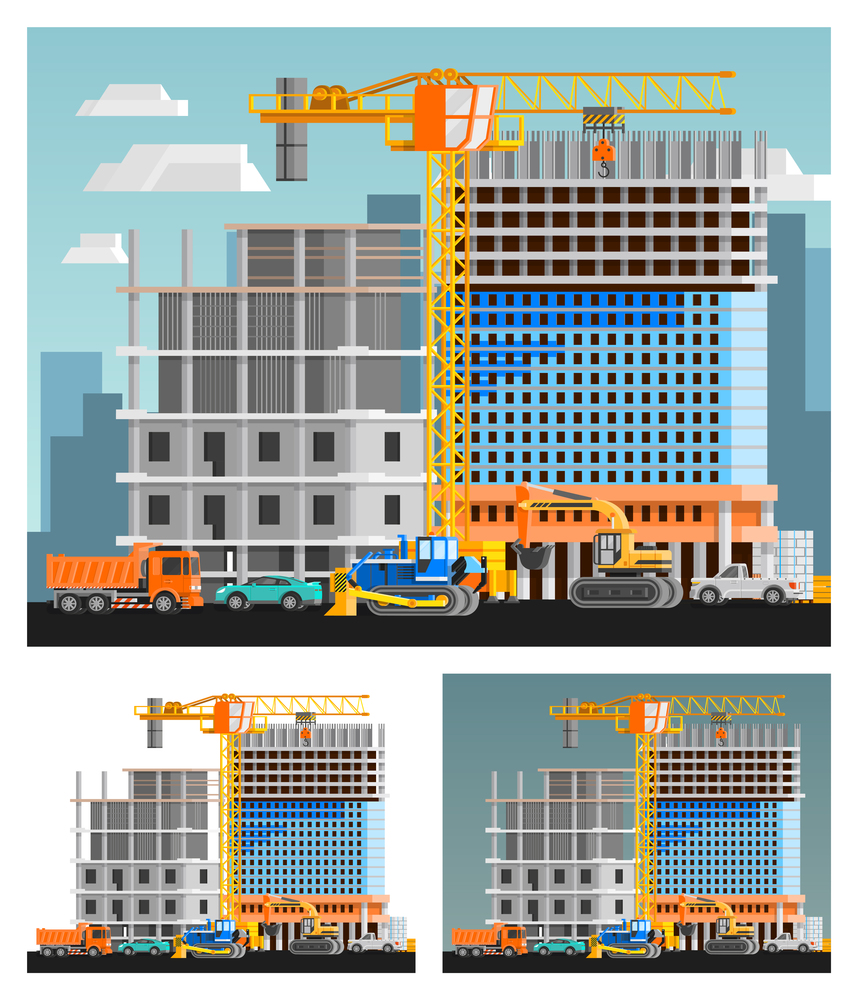Block of flats construction and city orthogonal compositions set flat isolated vector illustration . Construction And City Compositions Set