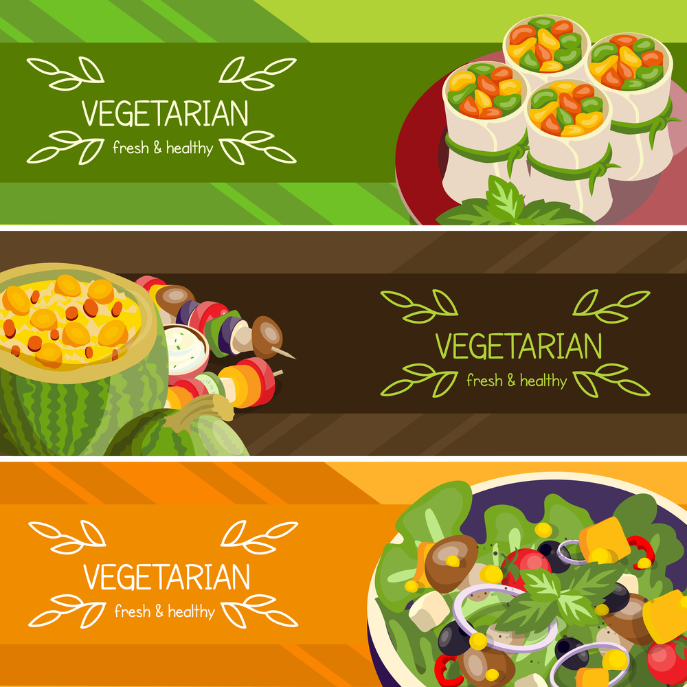 Vegetarian food horizontal banners set of fresh and healthy dishes with mushrooms and beans isolated vector illustration. Vegetarian Food Horizontal Banners Set