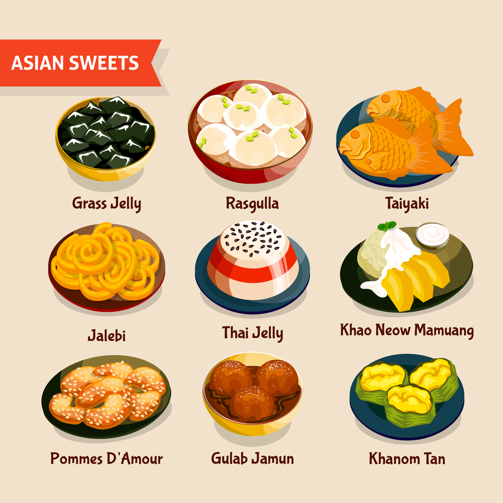Asian sweets set with traditional desserts of chinese thai indian japanese cuisines isolated vector illustration. Asian Sweets Set
