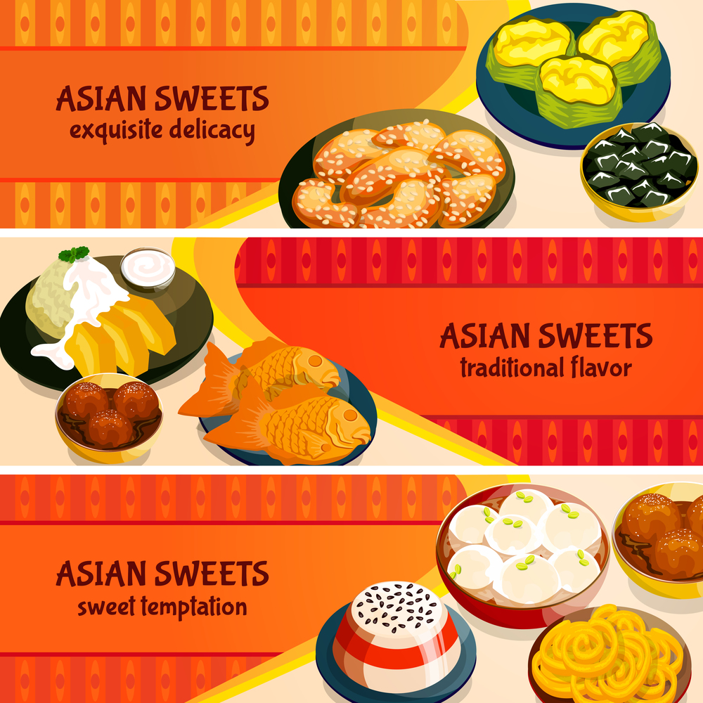 Asian sweets horizontal banners set with traditional flavor of exquisite delicacies isolated vector illustration. Asian Sweets Horizontal Banners Set