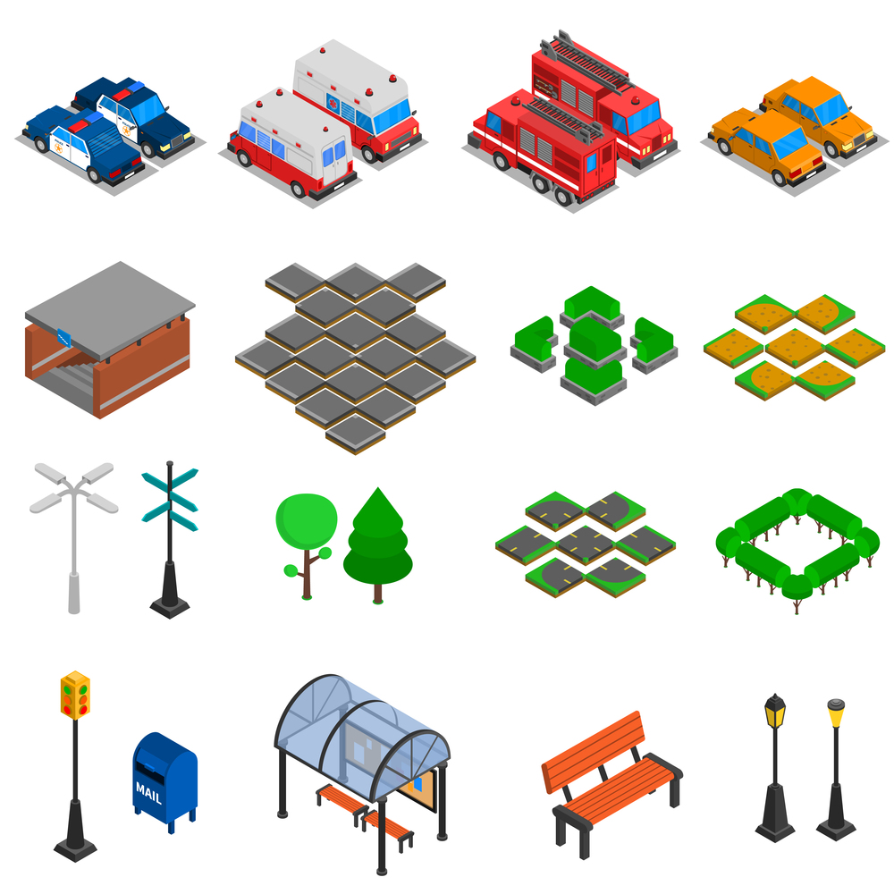 City infrastructure isometric elements set of  bench pavement tile mailbox lamp post traffic light office cars underpass bus stop vector illustration. City Infrastructure Elements Set