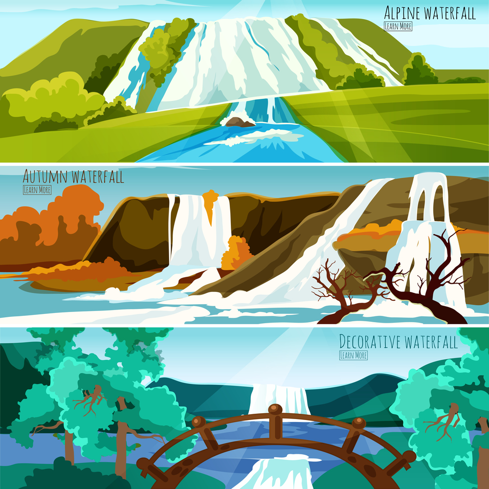 Horizontal banners collection with colorful pictures of waterfall landscapes in mountains flat vector illustration  . Waterfall Landscapes Banners