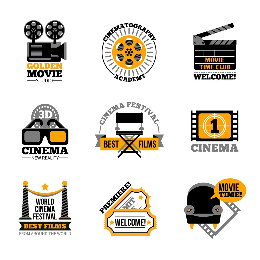Cinema and film labels with director chair 3d glasses cinema tickets projector flat signs isolated vector illustration   . Cinema And Film Labels
