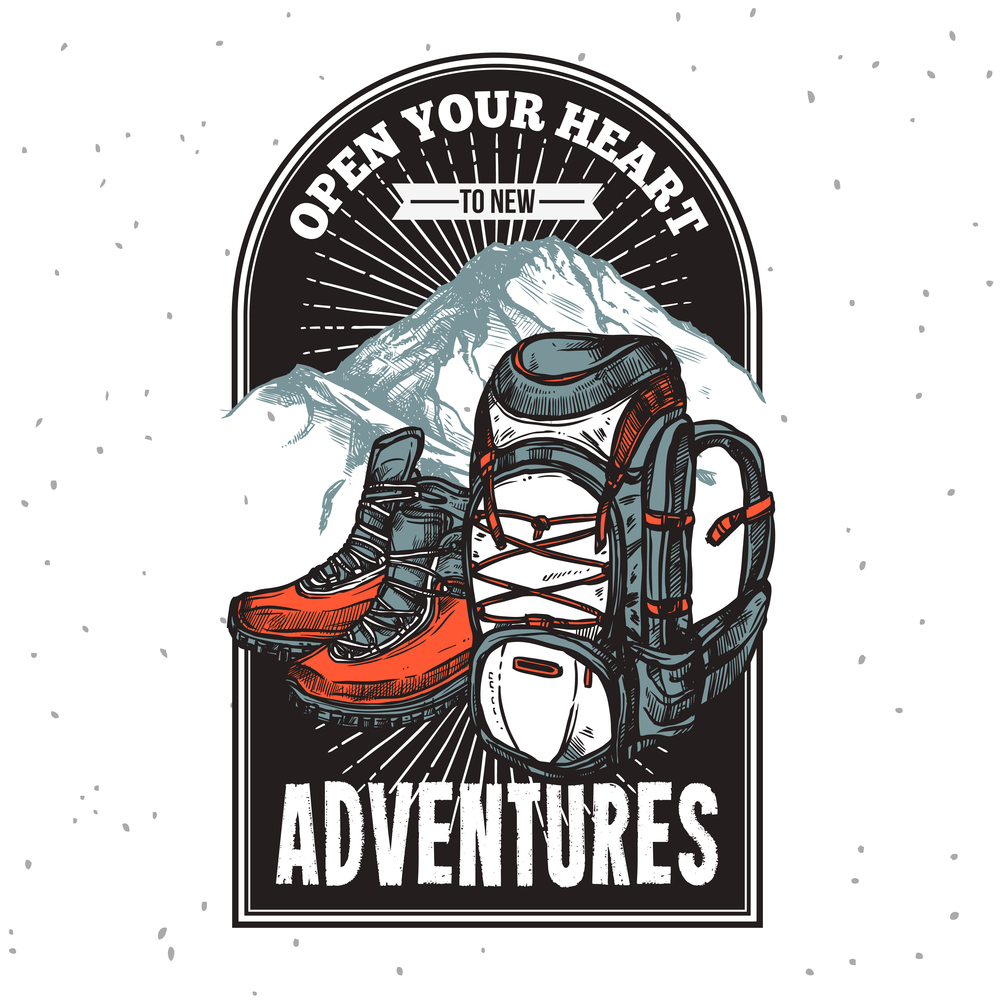 Adventure lettering emblem print of boots and backpack on mountain background with title hand drawn vector illustration. Adventure Lettering Emblem Print