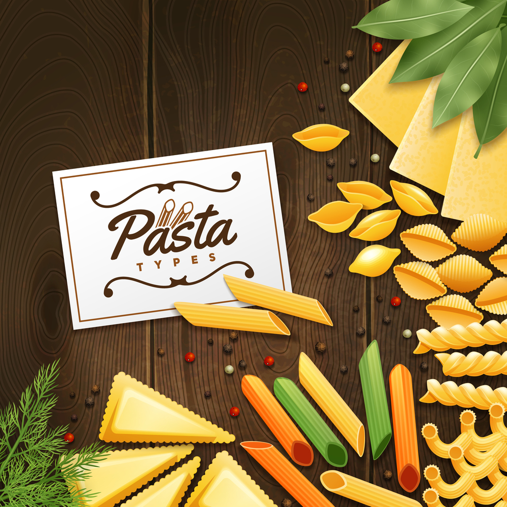 Background with different kinds of pasta with green and spices on wooden table vector illustration. Background With Different Kinds Of Pasta