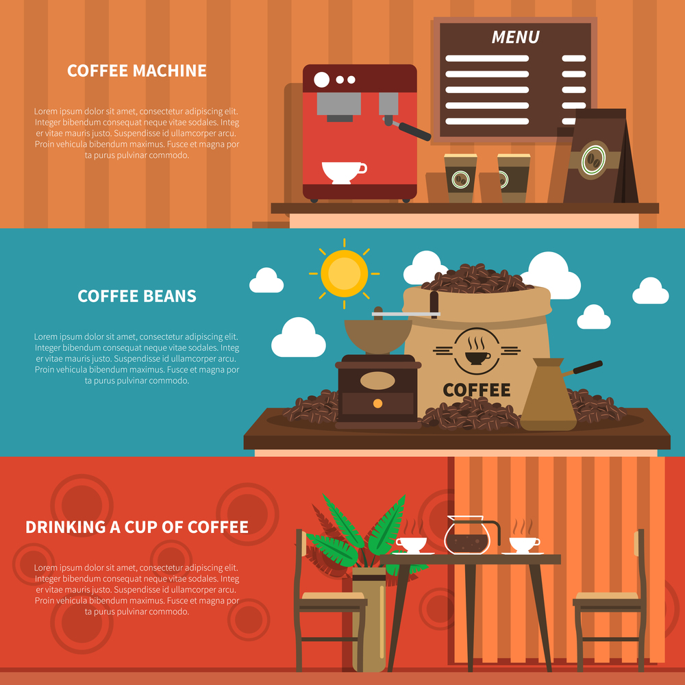 Cafe bar with coffee machine and decorative sacks with beans 2 flat horizontal banners abstract vector illustration . Coffee Bar 2 Flat Horizontal Banners