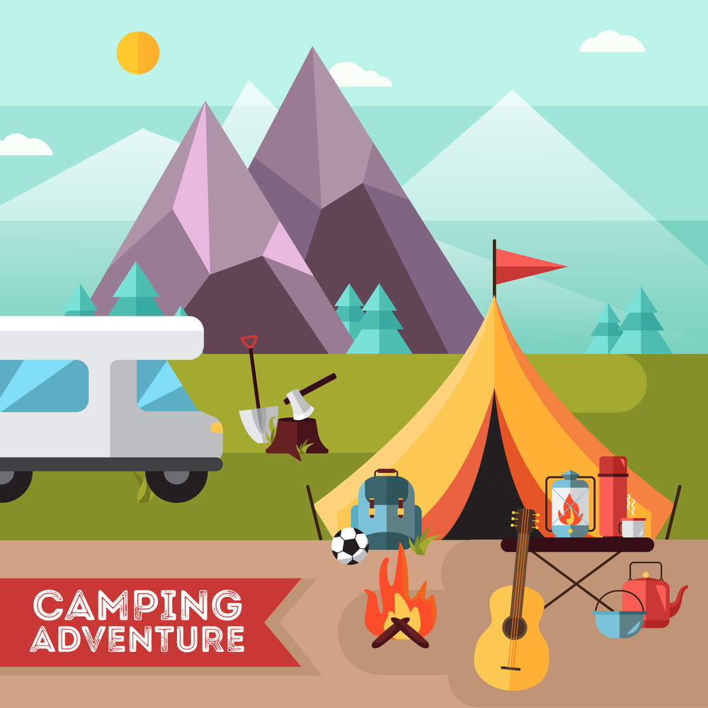 Camping and hiking adventure flat poster with tent guitar and snowy mountains peaks background abstract vector illustration. Camping Hiking Adventure Flat Background Poster