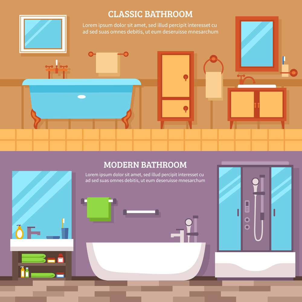 Interior furniture of the bathroom in classic and modern style banner set vector illustration. Bathroom Interior Banner Set