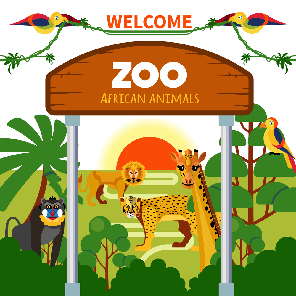 Zoo african animals with exotic birds at sunrise or sunset vector illustration. Zoo African Animals