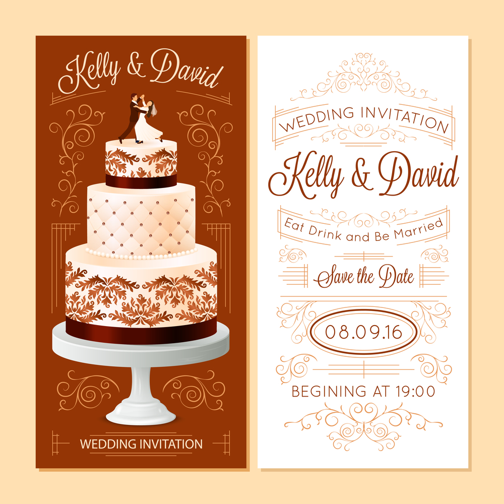 Wedding invitation realistic vertical banners set with a big cake isolated vector illustration . Wedding Invitation Banners Set