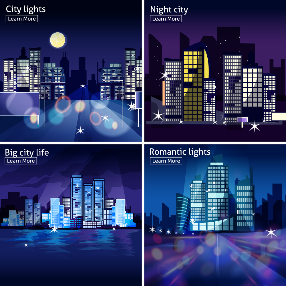 Four icon set with night cityscapes and lights in modern style isolated vector illustration. City Nightscape Icon Set