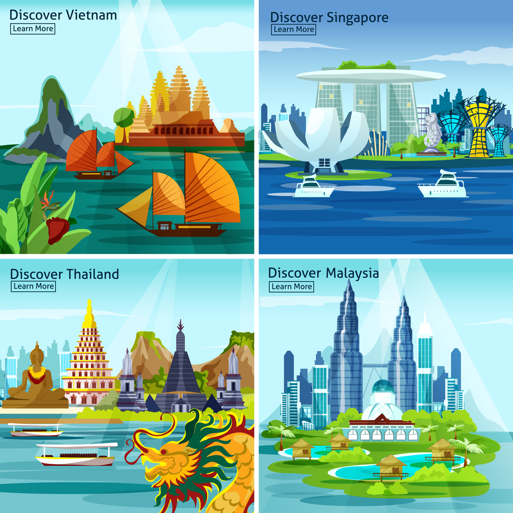 Asian travel 2x2 design concept with vietnam thailand singapore and malaysia colorful landscape compositions flat vector illustration. Asian Travel 2x2 Design Concept