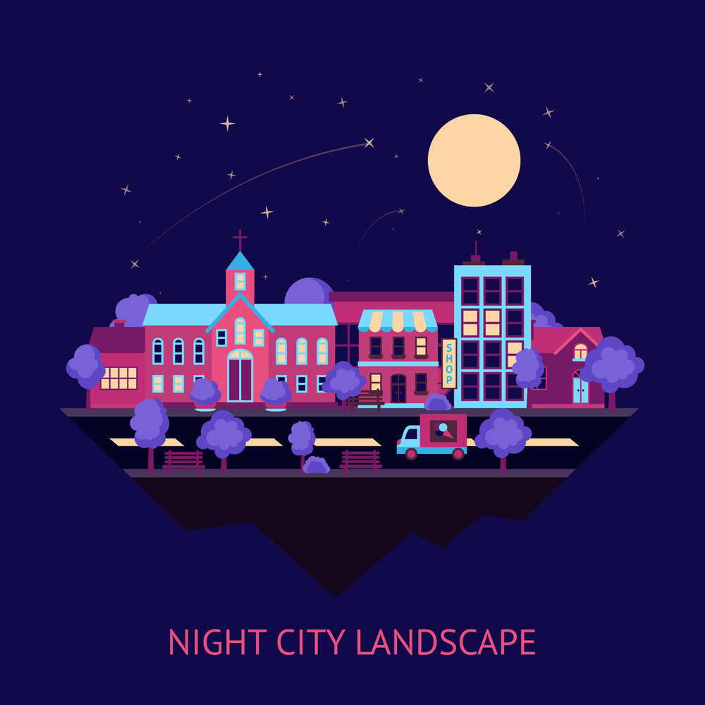 City night summer colorful street scape buildings abstract background vector illustration