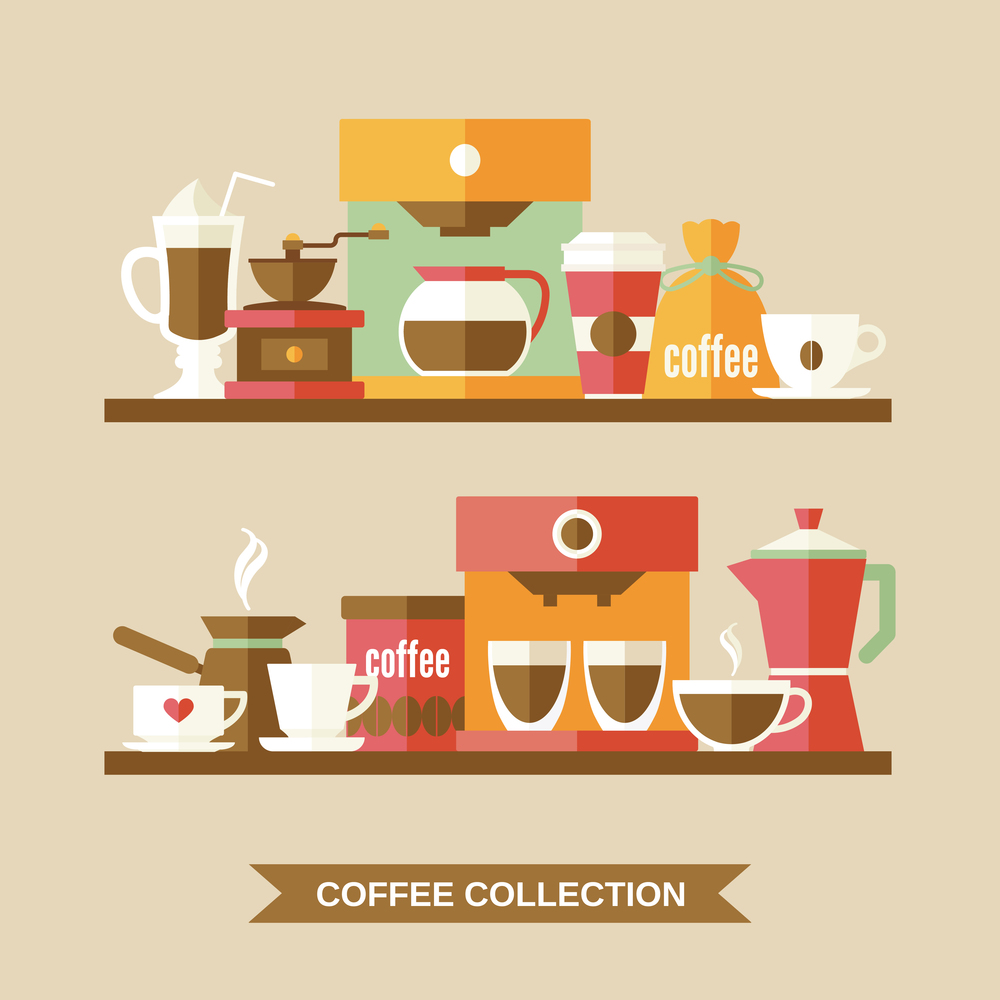 Coffee flat collection drink decorative icons on shelves vector illustration