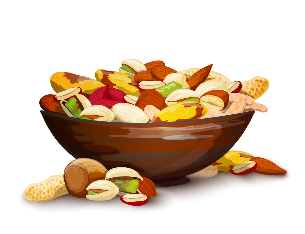 Cup with nuts fresh raw food mix composition vector illustration
