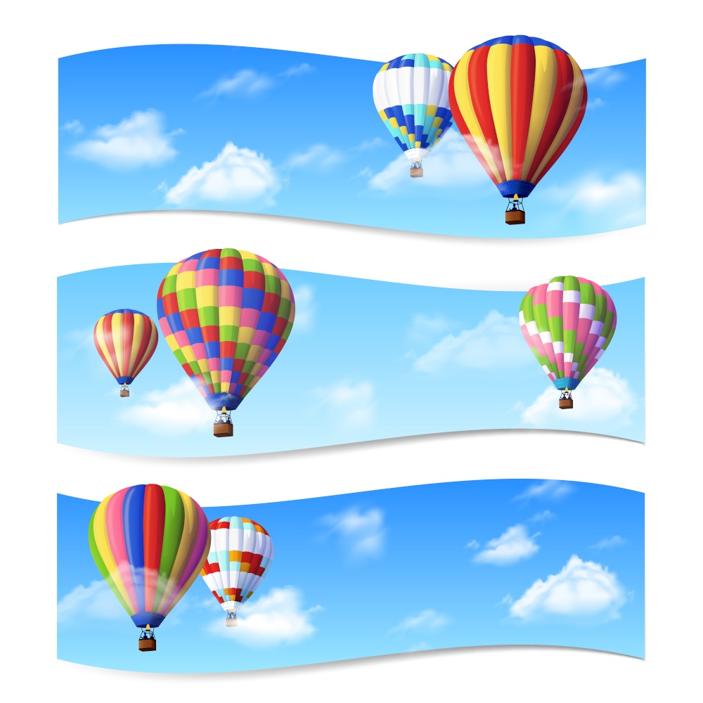 Realistic air balloons flying in sky horizontal banners set isolated vector illustration. Air Balloon Banners