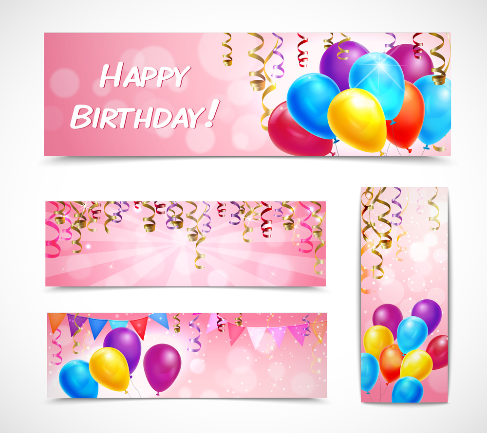 Happy birthday celebration banners set with bunch of balloons and ribbons isolated vector illustration. Celebration Banners Set