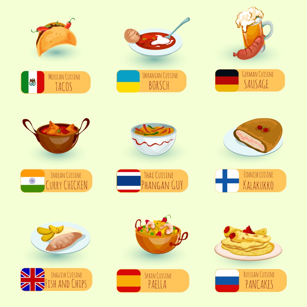World food international cuisine dishes decorative icons set with sausage fish and chips chicken curry isolated vector illustration. World Food Set