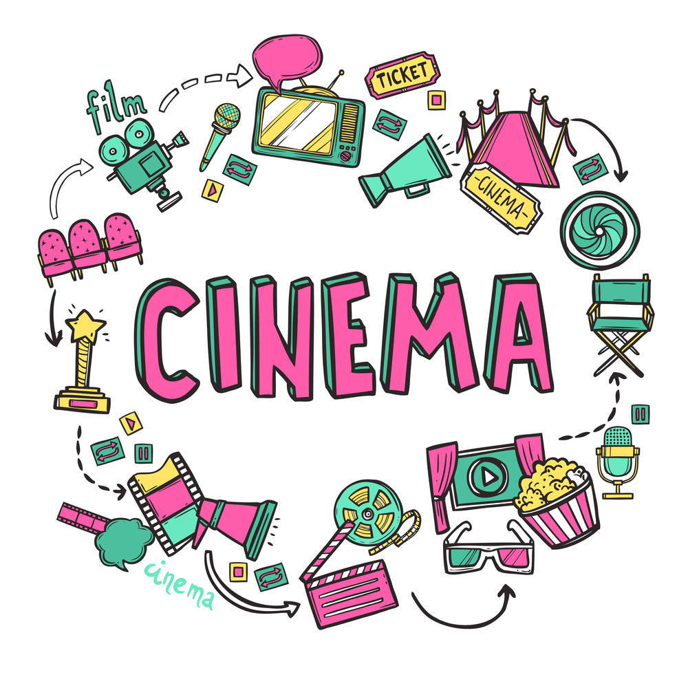 Cinema design concept with hand drawn movie art icons set vector illustration. Cinema Design Concept