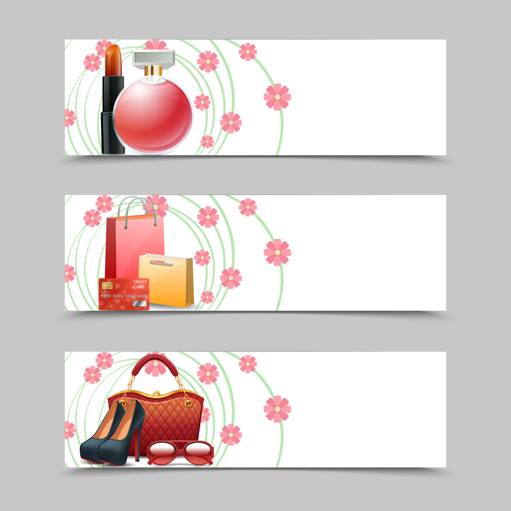 Women shopping horizontal banners set with realistic cosmetics fashion accessories elements isolated vector illustration. Women Shopping Banners
