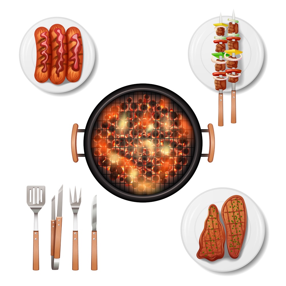 Bbq grill decorative icons set with realistic food isolated vector illustration. Bbq Grill Set