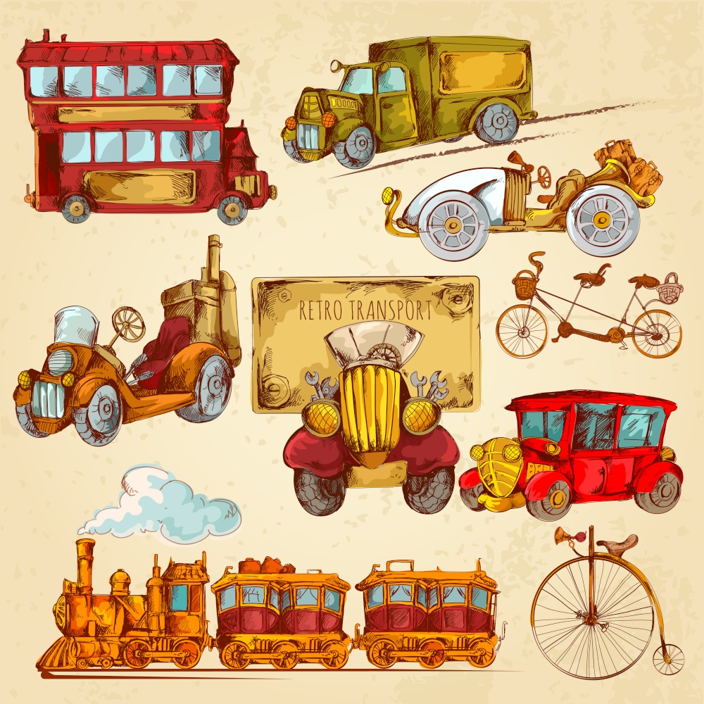 Vintage transport steampunk historical vehicle sketch colored decorative icons set isolated vector illustration. Vintage Transport Sketch Colored