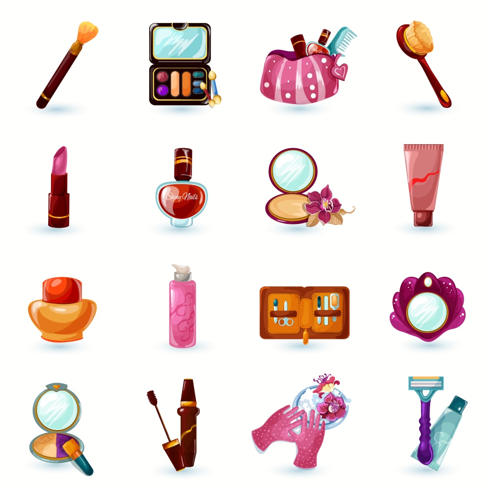 Woman beauty cosmetics and make-up cartoon icons set isolated vector illustration. Cosmetics Icons Set