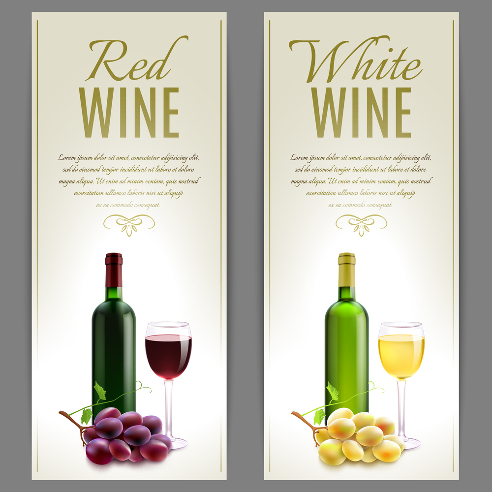 Red and white wine paper banner vertical set with glass bottles and grapes isolated vector illustration. Wine Banner Set