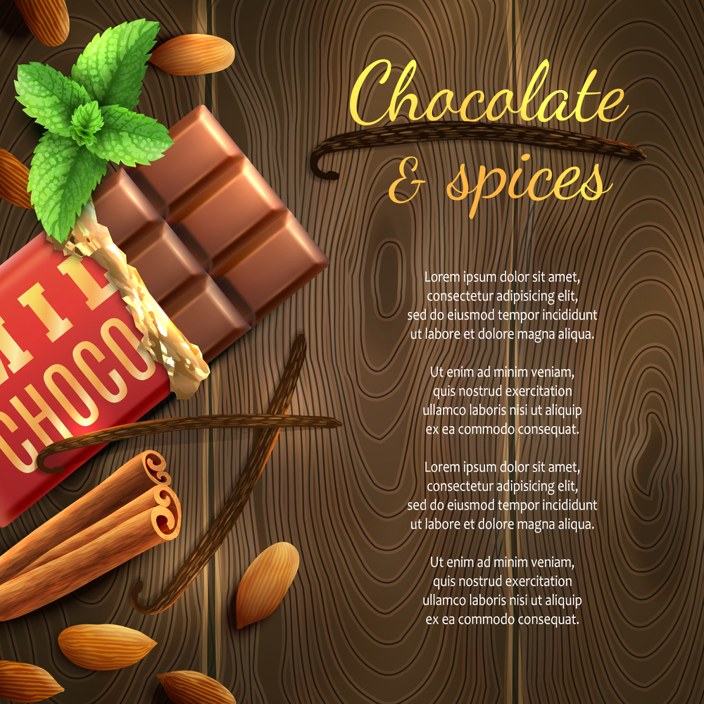 Realistic chocolate bar with nuts and spices on wooden background vector illustration. Chocolate And Spices Background