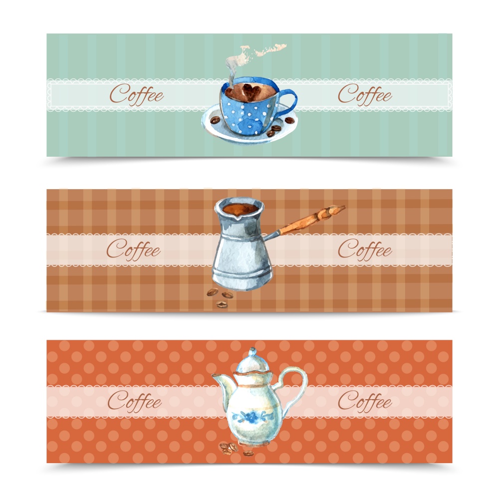 Coffee horizontal banners set with watercolor cup and pot isolated vector illustration. Coffee Banners Set