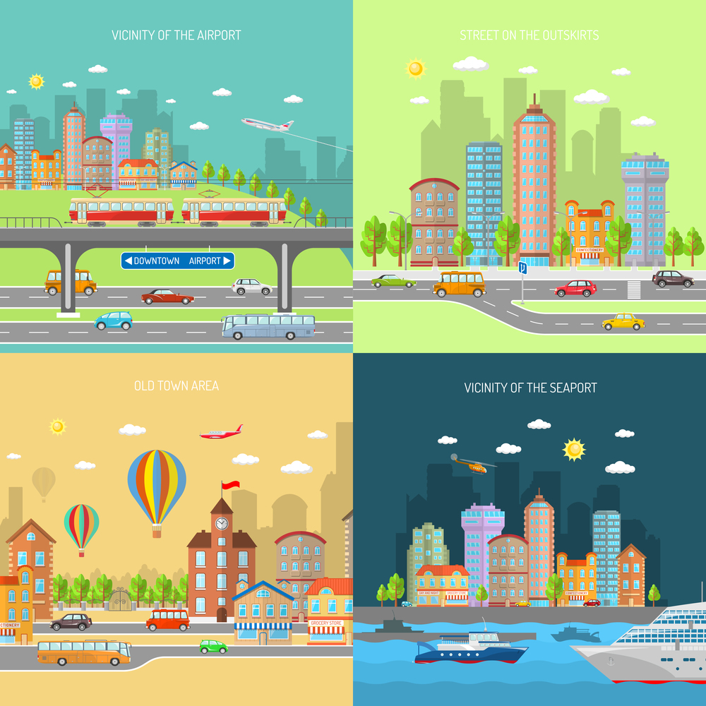 City transport design concept set with urban and suburban house buildings flat icons isolated vector illustration. City Transpot Design Concept Set