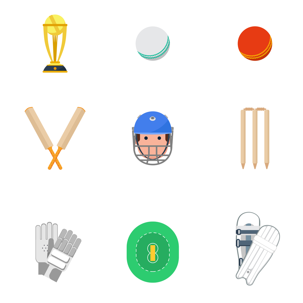 Cricket sport game icons set with protective leg guard and helmet and trophy abstract isolated vector illustration. Cricket icons set flat