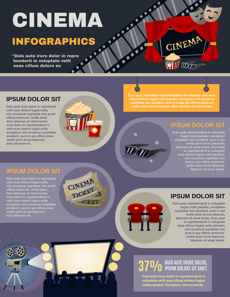 Cinema infographics set with movie and film symbols vector illustration. Cinema Infographics Set