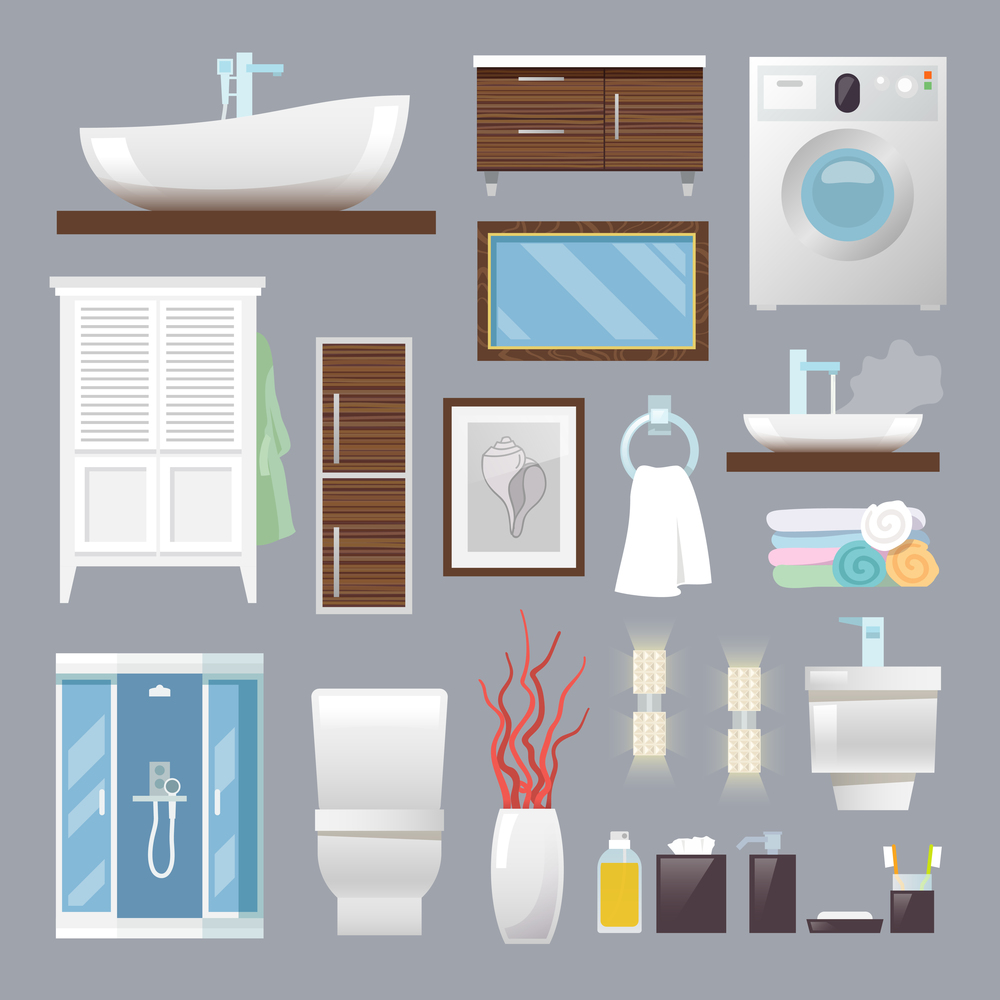 Bathroom furniture flat icons set with sink toilet bowl towels isolated vector illustration. Bathroom Furniture Flat