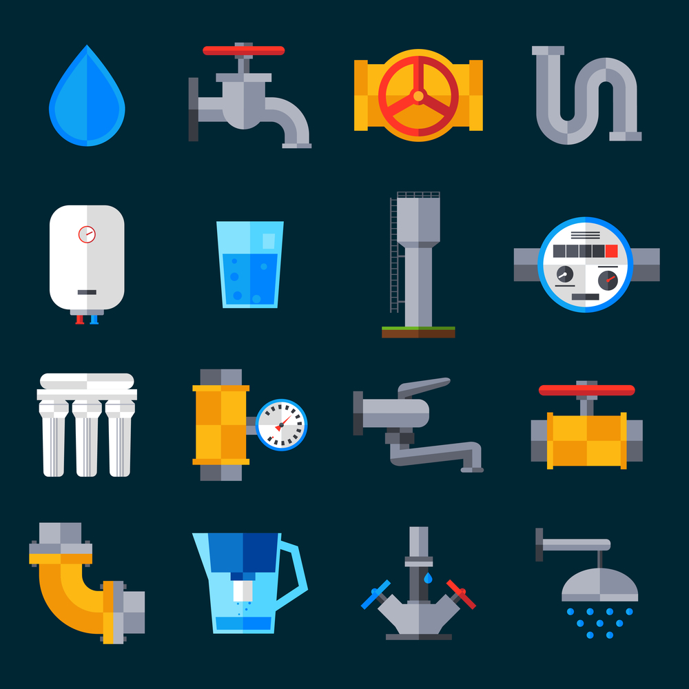 Water supply icons set with bathroom sink and shower equipment isolated vector illustration. Water Supply Icons