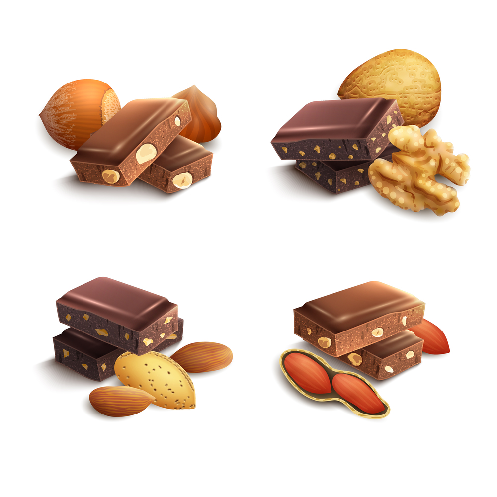 Dark and milk chocolate with nuts realistic set isolated vector illustration. Chocolate With Nuts