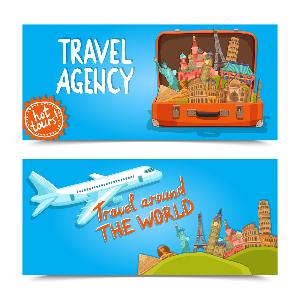Around the world travel agency horizontal banners set with suitcase of famous sightseeings  isolated vector illustration. Around the world travel agency horizontal banners