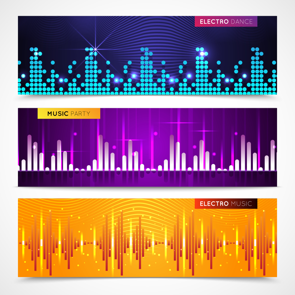 Audio equalizer horizontal banners set with music party symbols flat isolated vector illustration .  Audio Equalizer Banners Set