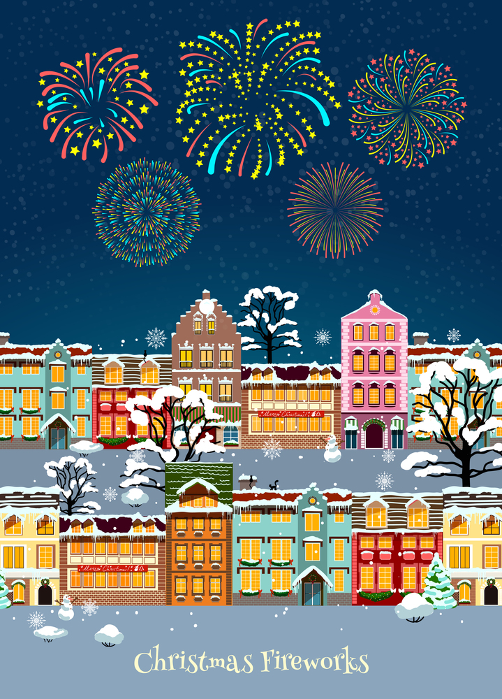 Colorful Christmas celebration template with glowing sparkling fireworks and snowbound cityscape vector illustration. Colorful Christmas Celebration Template