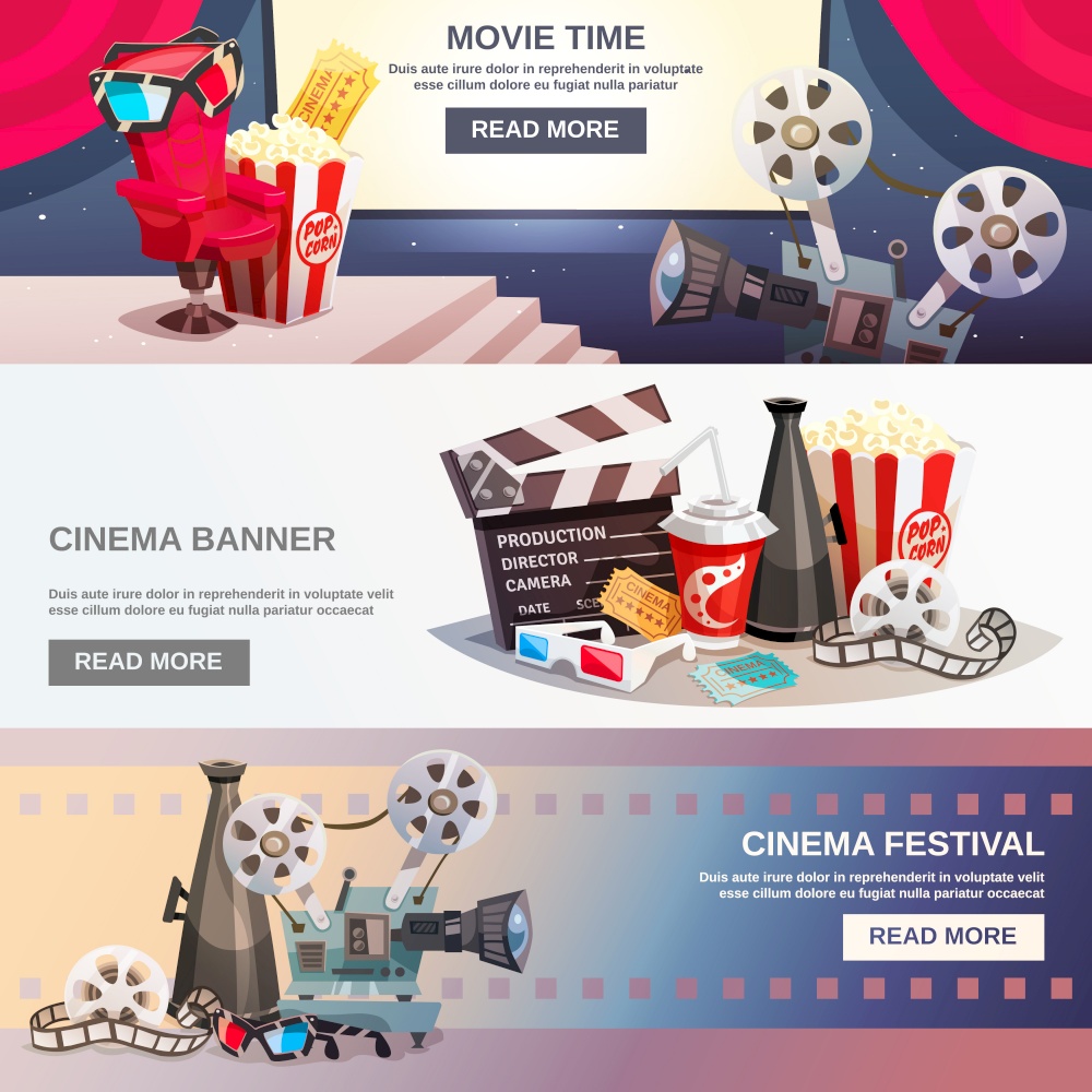 Cinematography flat horizontal banners with movie time and cinema festival design compositions in retro style vector illustration. Cinematography Flat Horizontal Banners