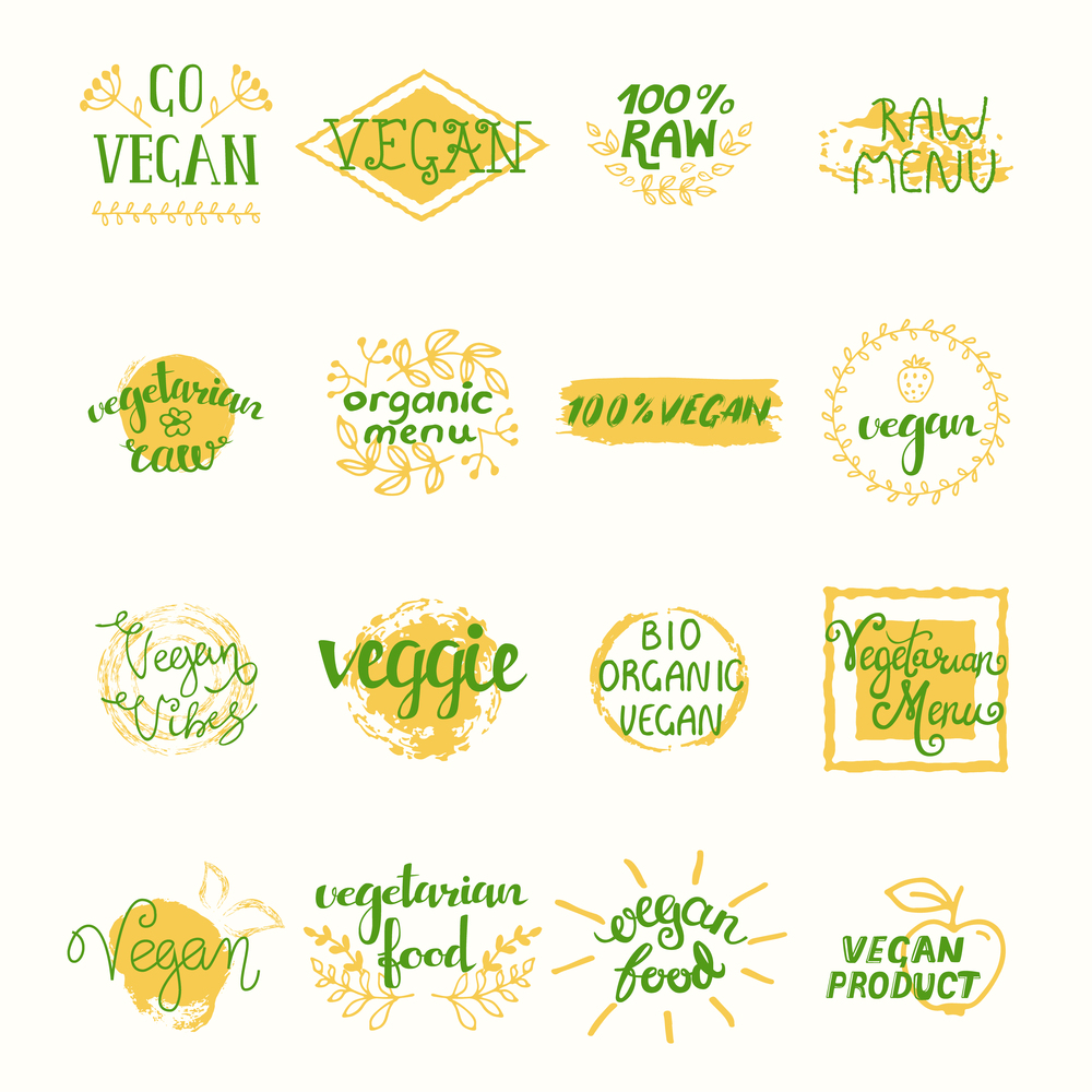 Vegan retro elements set of labels stickers tags badges and emblems isolated vector illustration. Vegan Retro Elements Set