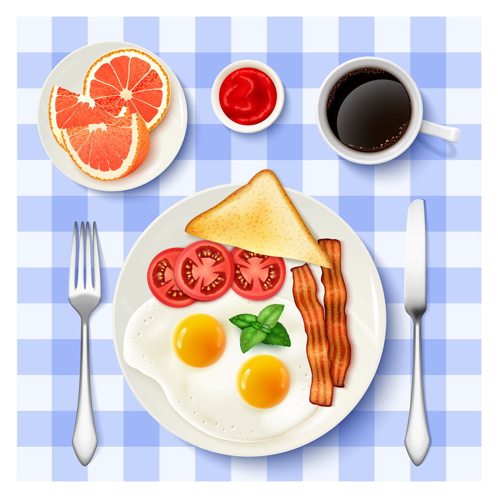 Traditional american breakfast with fried eggs bacon black coffee and grapefruit top view tablecloth background poster vector illustration . American Full Breakfast Top view Image