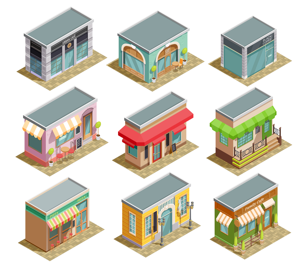 Cafe isometric collection of nine isolated urban coffee houses from classic to modern style with shadows vector illustration. Coffee House Isometric Set