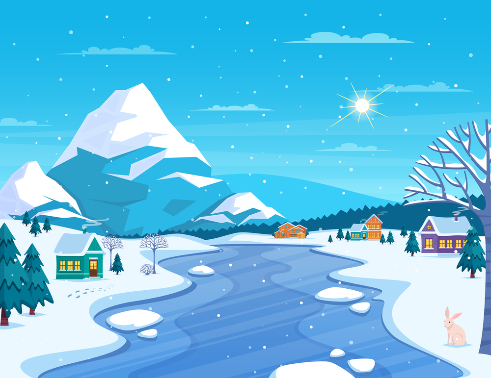 Winter landscape and town with mountains and frozen river flat vector illustration. Winter Landscape And Town Illustration