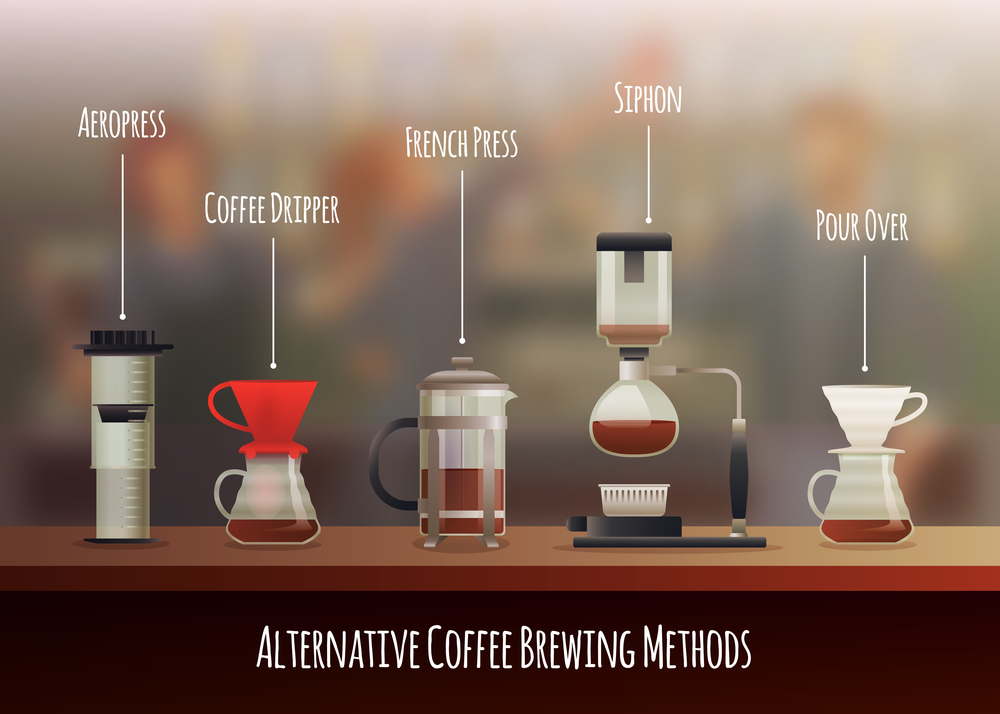 Coffee equipment gradient composition with aeropress siphon and khemeks flat vector illustration. Coffee Equipment Composition