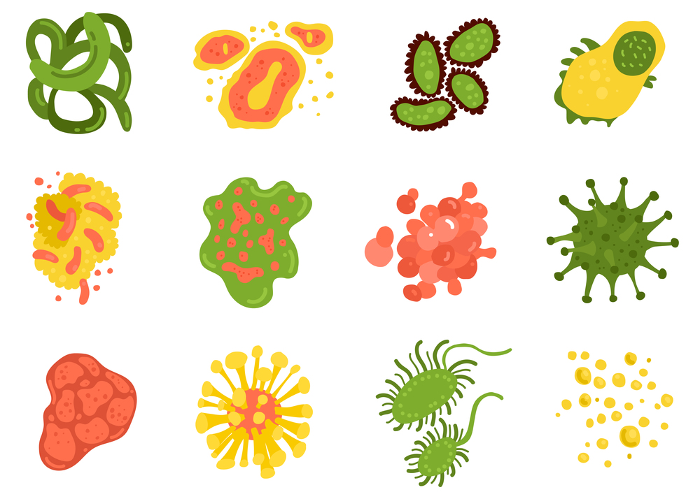 Viruses and bacteria set with science symbols flat isolated vector illustration . Viruses And Bacteria Set