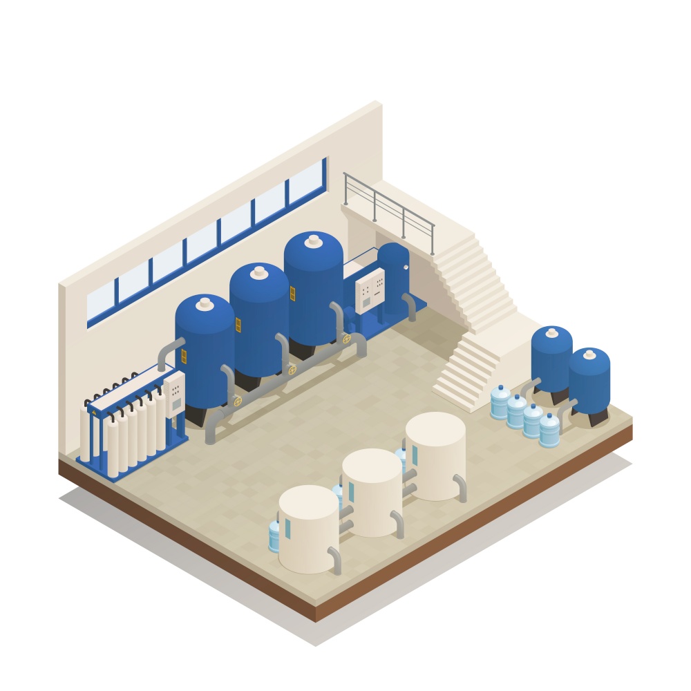 Wastewater sewage and water purification cleaning treatment plant pumping and filtration facility isometric composition vector illustration . Water Cleaning Facility Isometric Composition