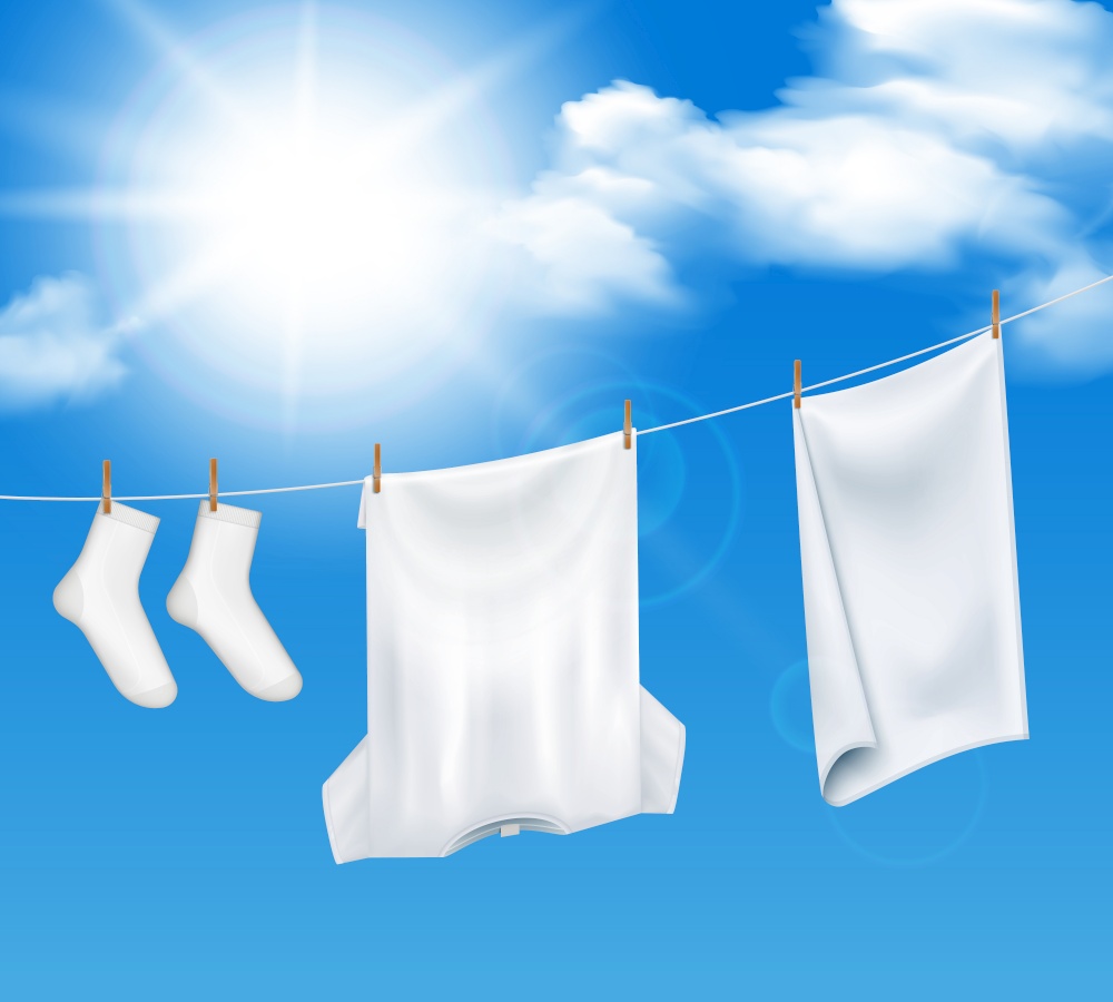 Washed laundry sky background realistic composition of clear heaven and white clothes drying in the sun vector illustration. Washed Laundry Sky Composition