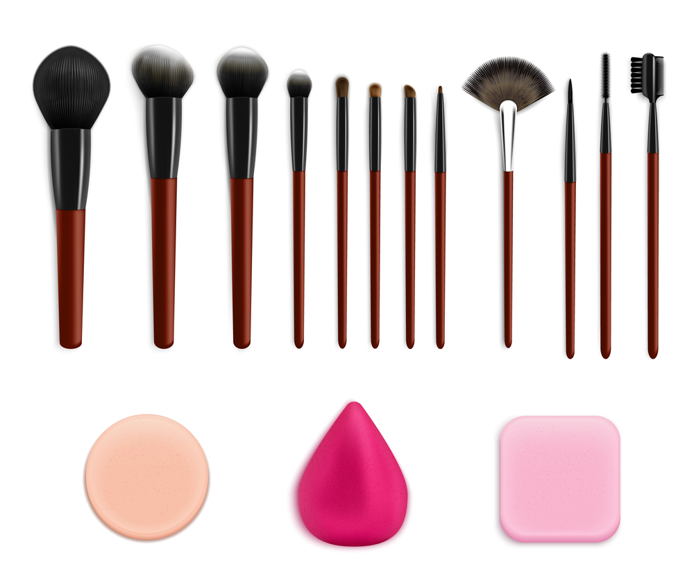 Makeup brushes sponges realistic collection with isolated colourful images of sponges and various applicator brushes vector illustration. Cosmetic Makeup Tools Set
