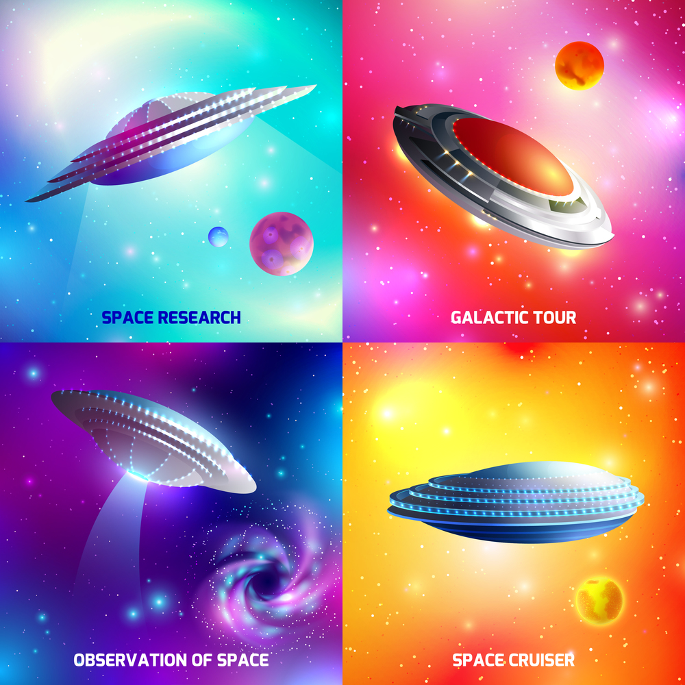 Design concept with alien spaceship during space research, galactic tour, as cosmic cruiser isolated vector illustration. Alien Spaceship Design Concept